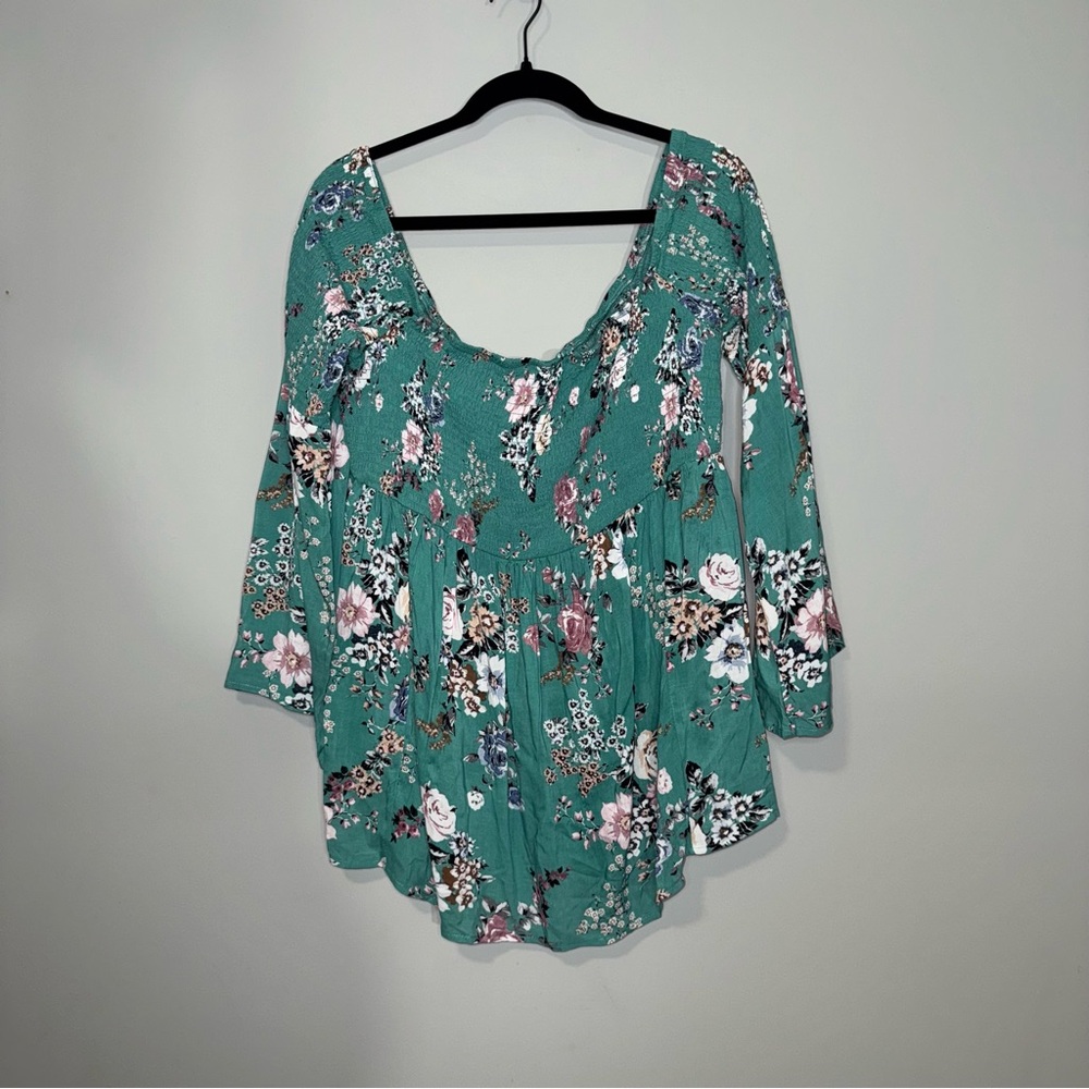 Torrid Womens Plus Size 2 Floral Smocked Off‎ Shoulder Babydoll Top Teal